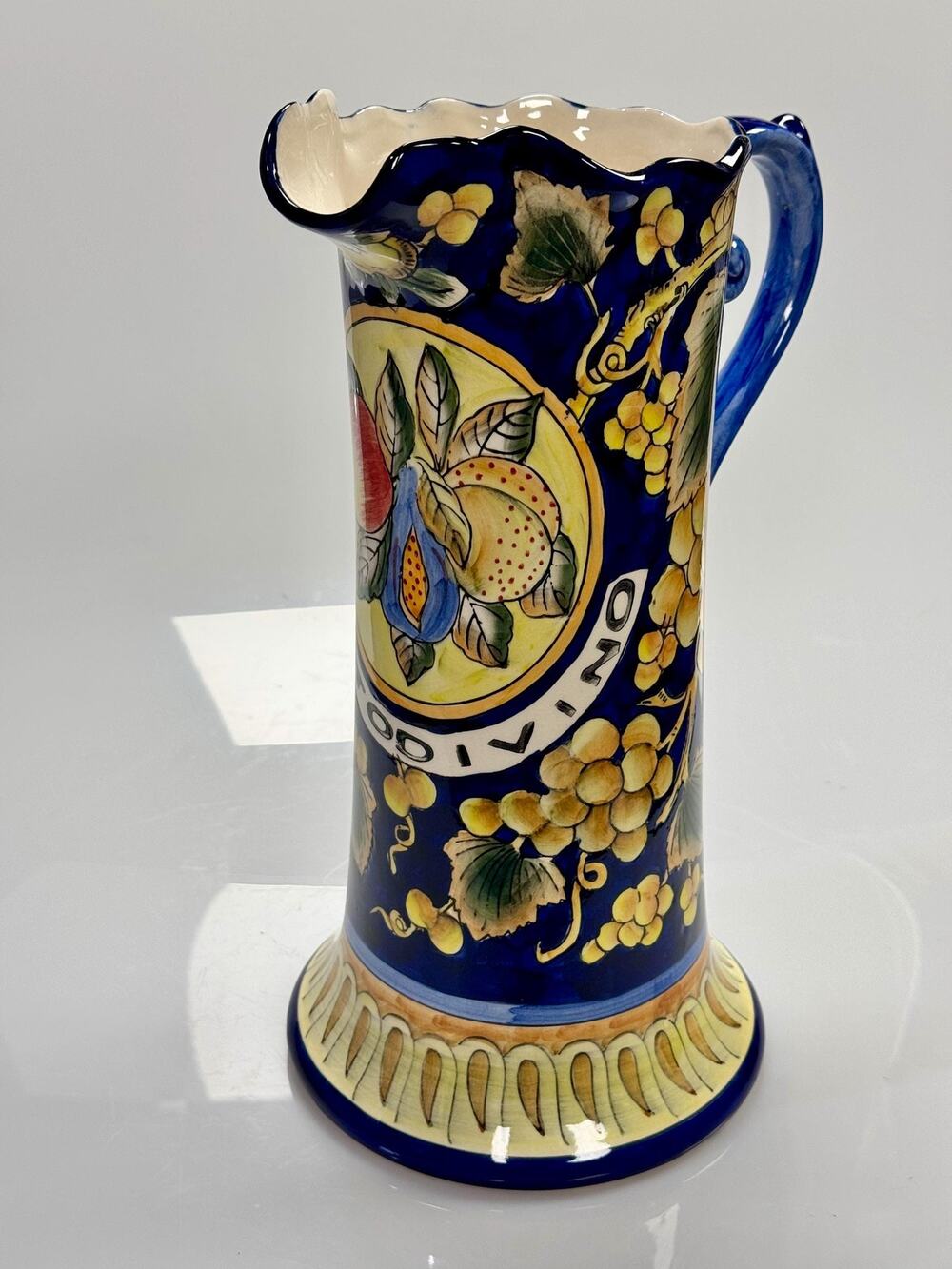 Hand Painted Italian Fruit & Grape Ceramic Pitcher Blue 14" Decorative Jug